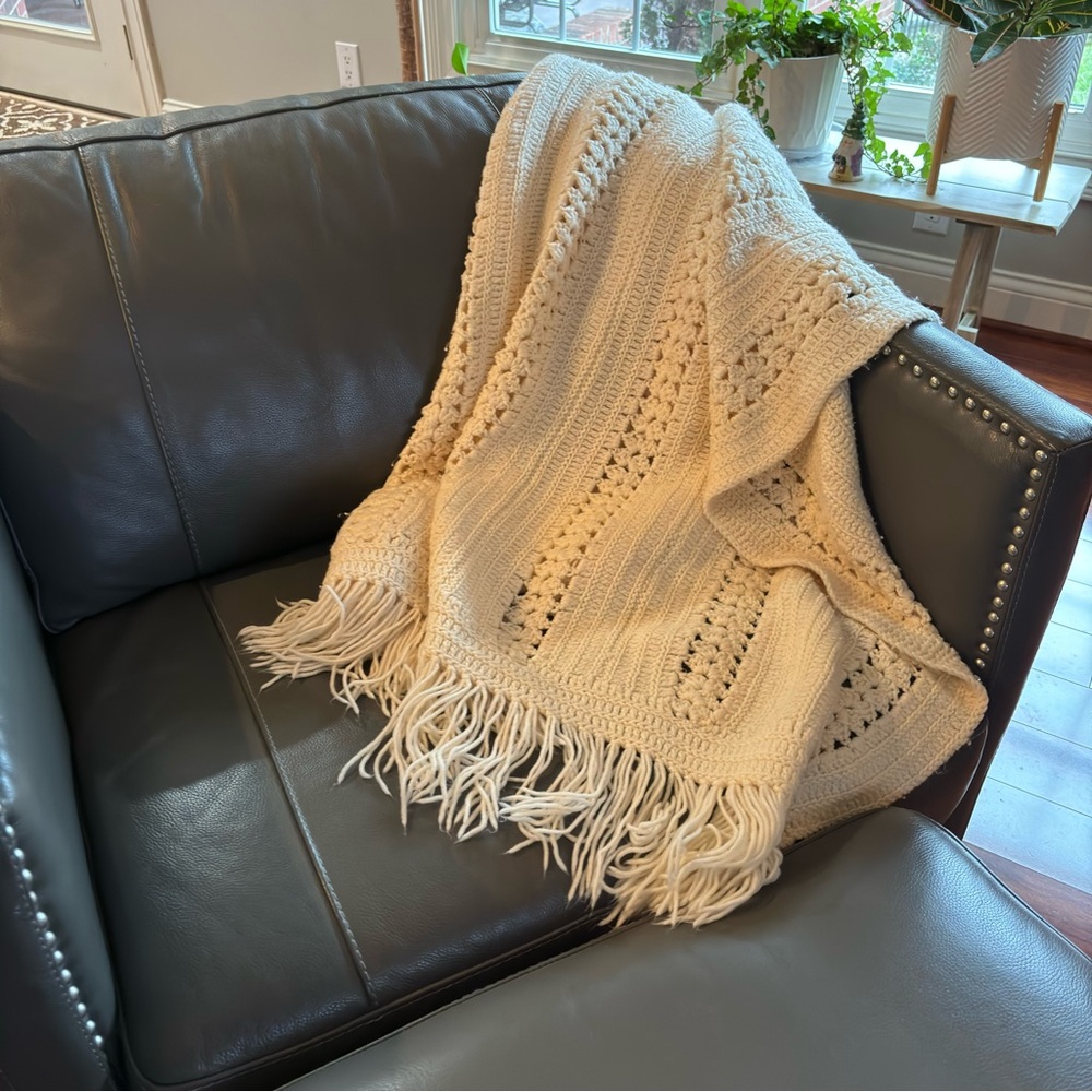 VTG Custom Handmade Crochet Fringed Afghan Sampler Throw Blanket Cream 55x80